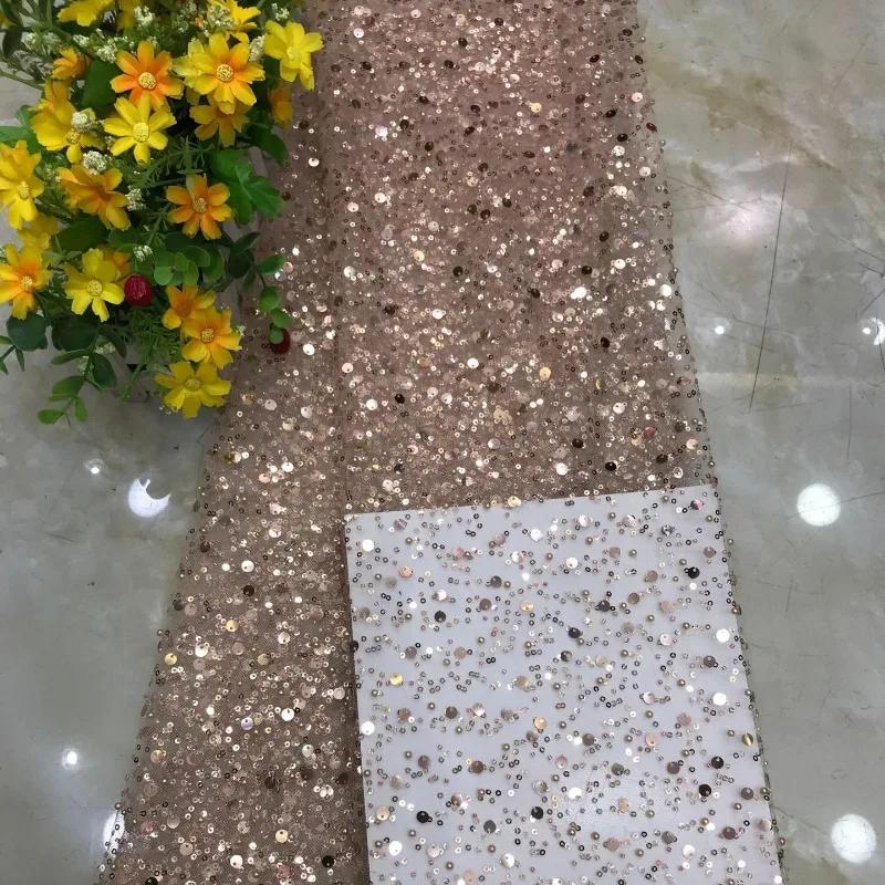 Luxury 3D Sequined Beaded Mesh Embroidered Lace Fabric Handmade Wedding Dress DIY Accessories Width 130cm 1Meter