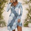 Women Abstract Printed Criss Cross V Neck Long Sleeve Fitted Curved Hem Dress