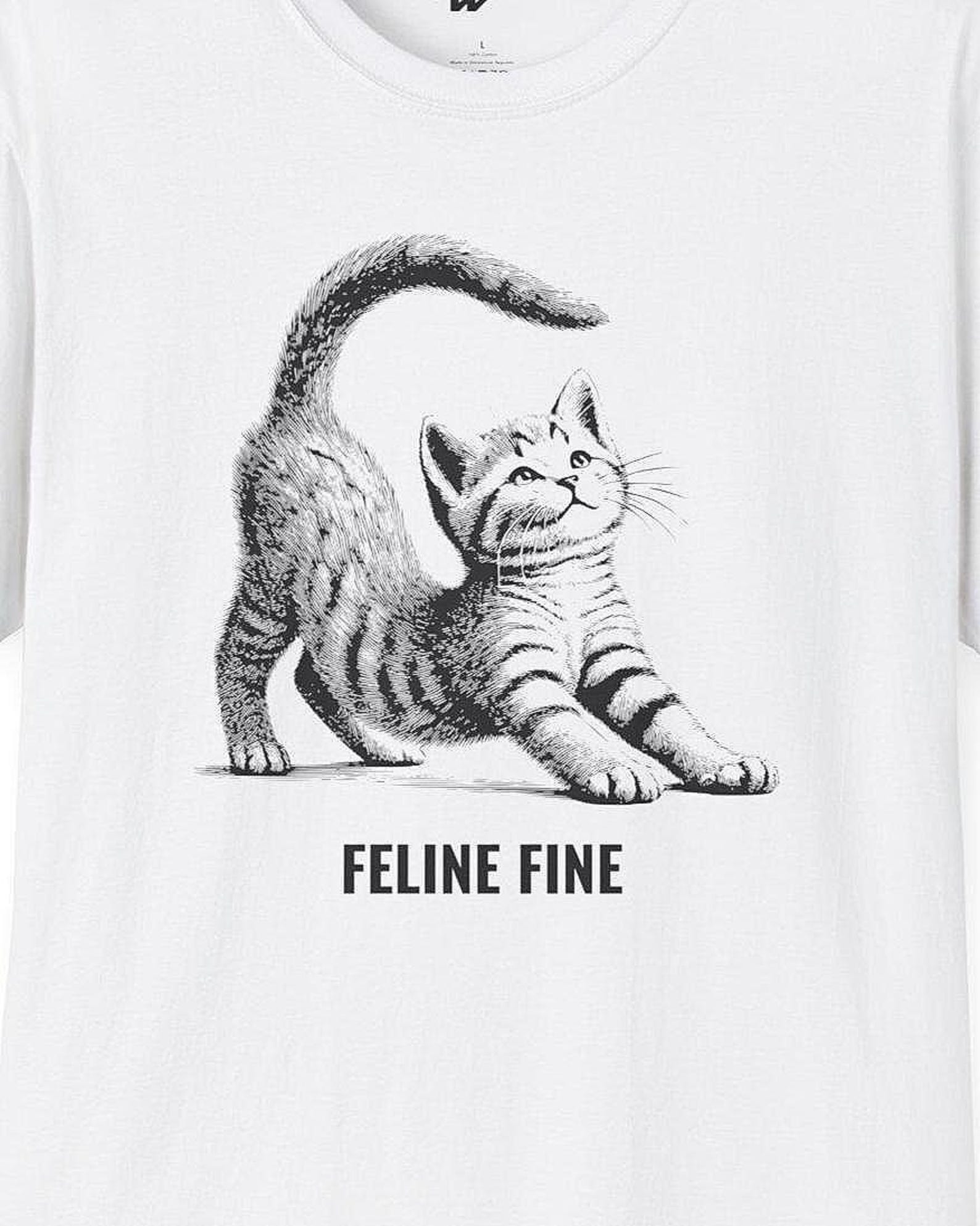 Feline Fine/ Engraving-Style Stretching Kitten T-Shirt/ Unisex Softstyle T-Shirt XL