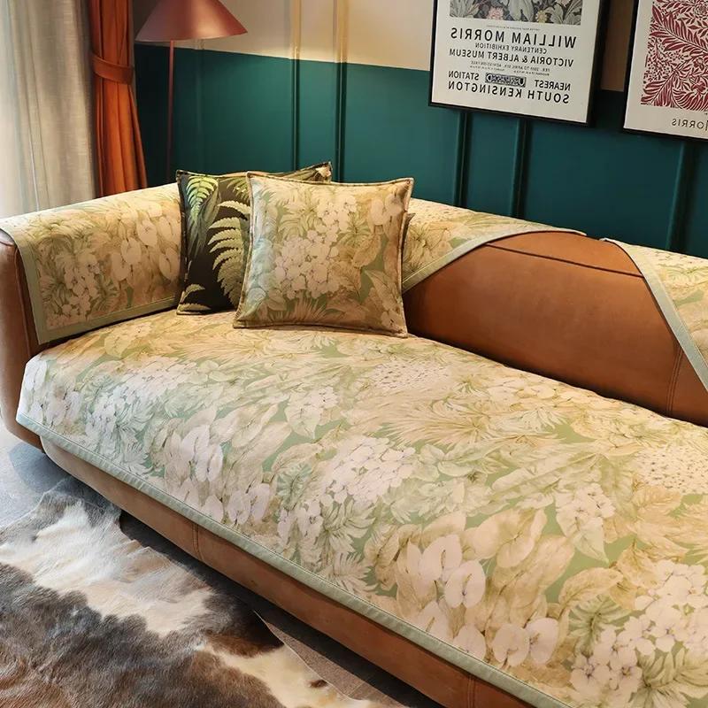 Plant Floral Pattern Sofa Cover All Season Chenille Settee Cushion Anti Slip Dustproof Printing Sofa Towel Pillowcase