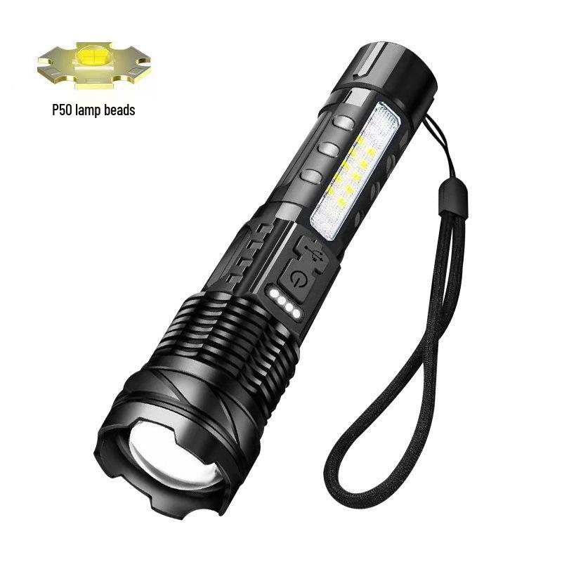 Cross-border Aluminum Flashlight with COB Warning Light & Telescopic Zoom