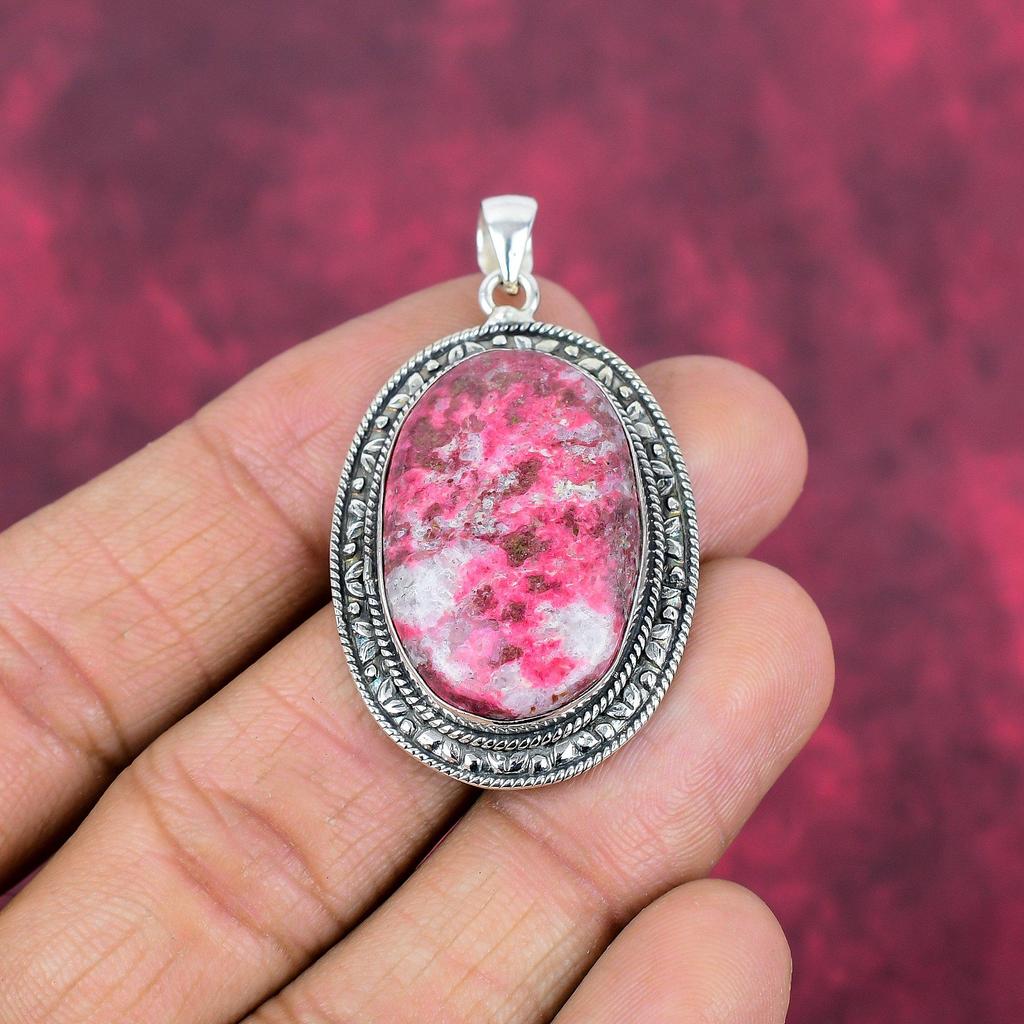 Růžový přívěsek s drahokamem thulitem, šperk ze sterlingového stříbra 925, ručně vyráběný starožitný přívěsek, dárek pro matku