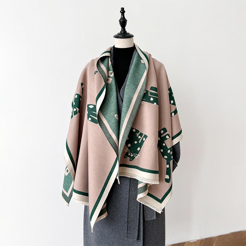 Winter Imitation Cashmere Scarf Women'S Double-Sided Cartoon Cat Shawl Warm Long Sweet And Cute Fringed Dual-Purpose Scarf