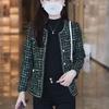 Women's Round Neck Long Sleeve Blazer Slim Fit Short Tweed Plaid Elegant Office Jacket Coat