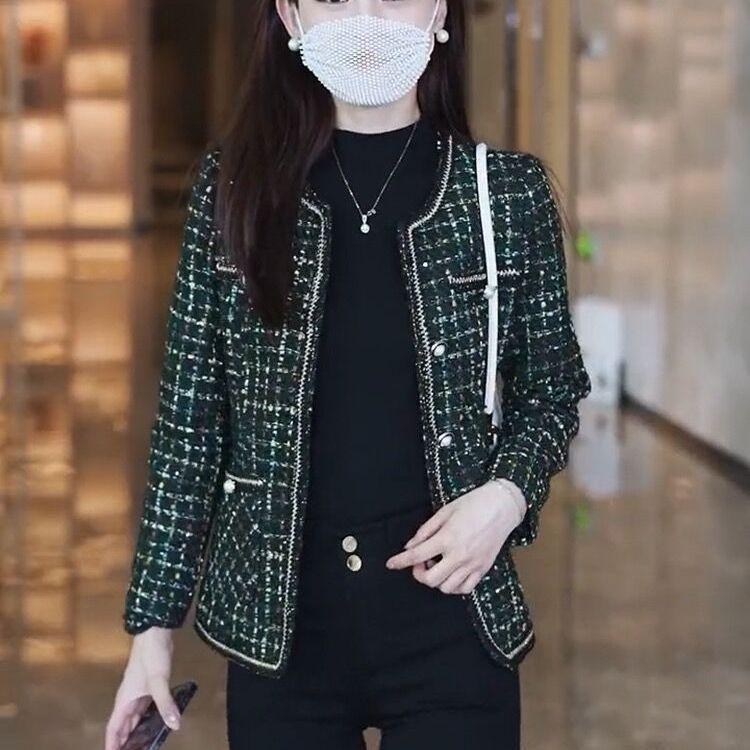 Women's Round Neck Long Sleeve Blazer Slim Fit Short Tweed Plaid Elegant Office Jacket Coat