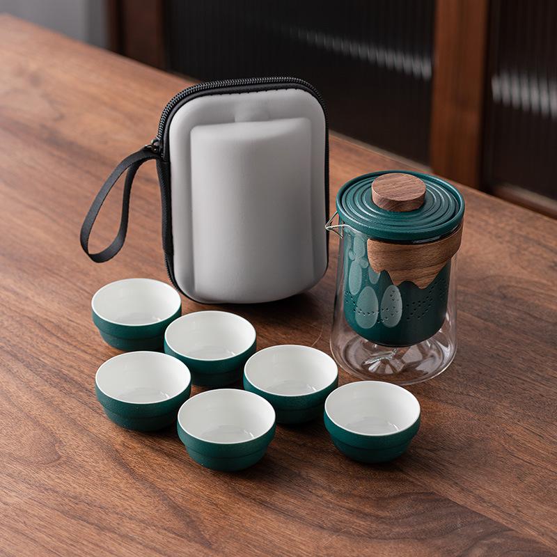 Jade white porcelain travel tea set, one pot of six cups, outdoor boutique, portable and anti-scalding express cup, high-end gifts.