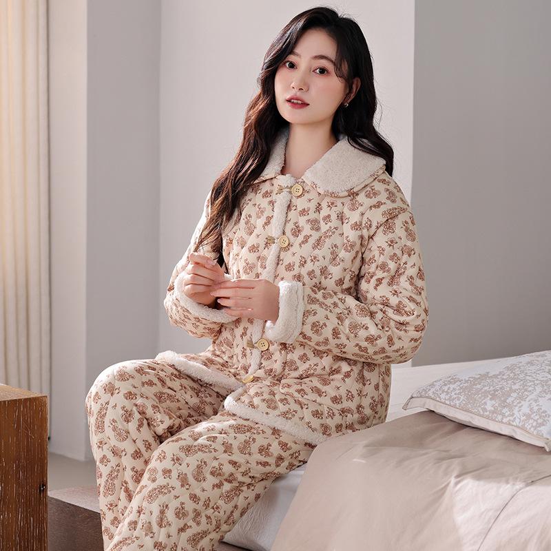 Pajamas Women's Winter Coral Fleece Three-layer Thickened Padded Jacket Winter High-end Winter Wearable Loungewear Set