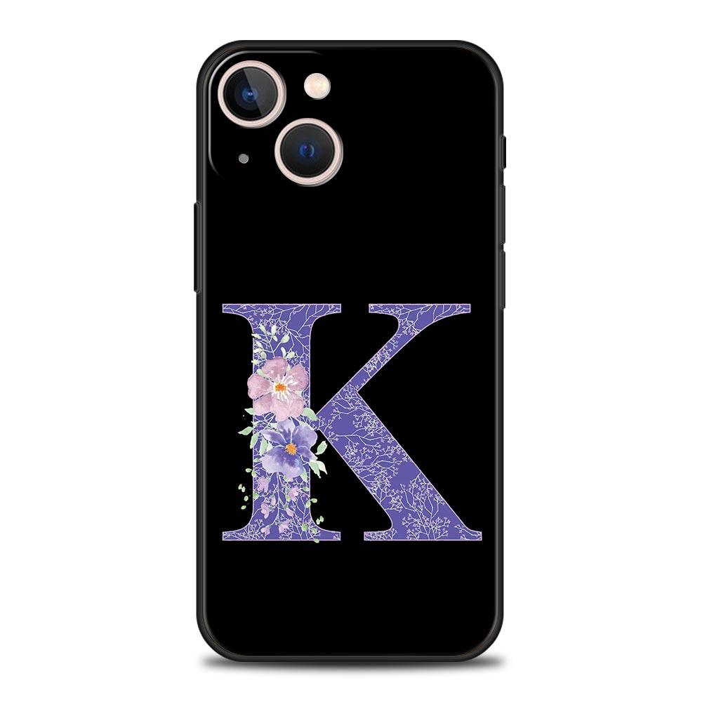Letters Purple Flower Phone Case For iPhone 17 16 15 Pro Max 11 12 13 14 7 8 Plus SE 2020 X XR XS Cover Soft Black
