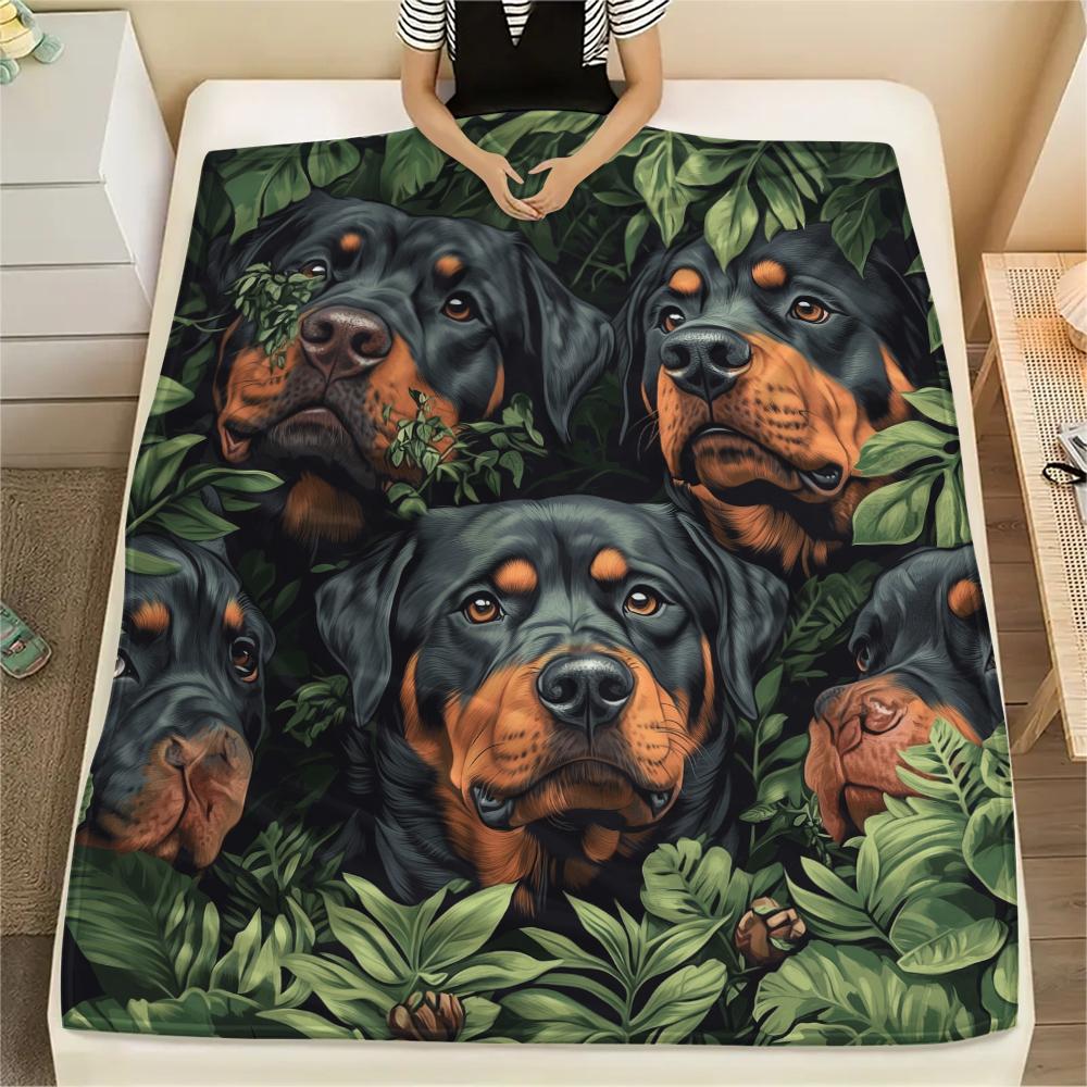 Rottweiler und Blätter, Muster Flanelldecke, Hohe Qualität, Bequem für alle Jahreszeiten, Heimdekoration, Wärme und Komfort, Perfekt für Geschenke.