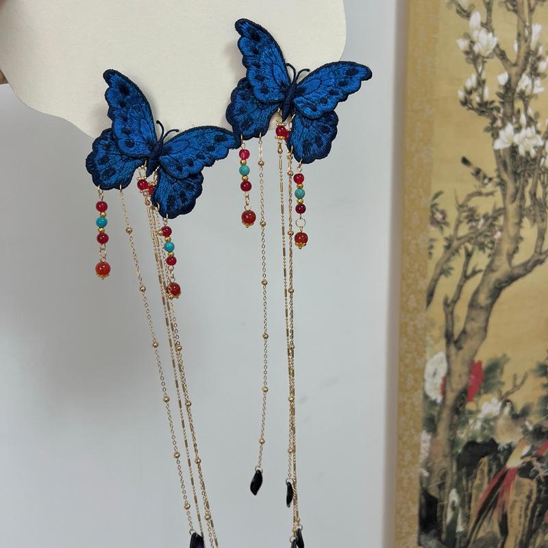Chinese Style Embroidered Blue Butterfly Hairpin Pearl Tassel Hair Accessory Hanfu Hairpin Headwear Decoration