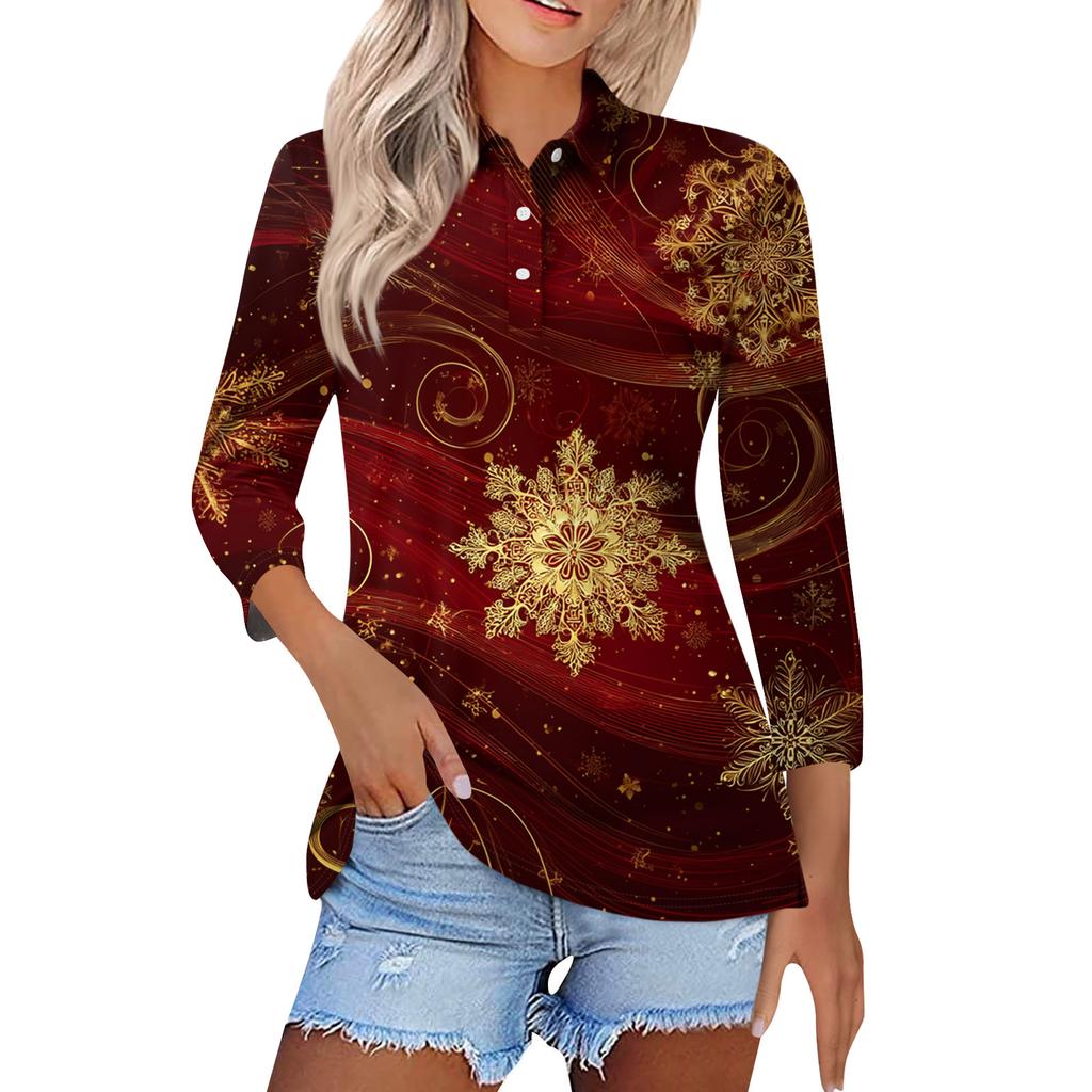 Women's Fashion Casual Button 3/4 Sleeve Vintage  Print Lapel Top