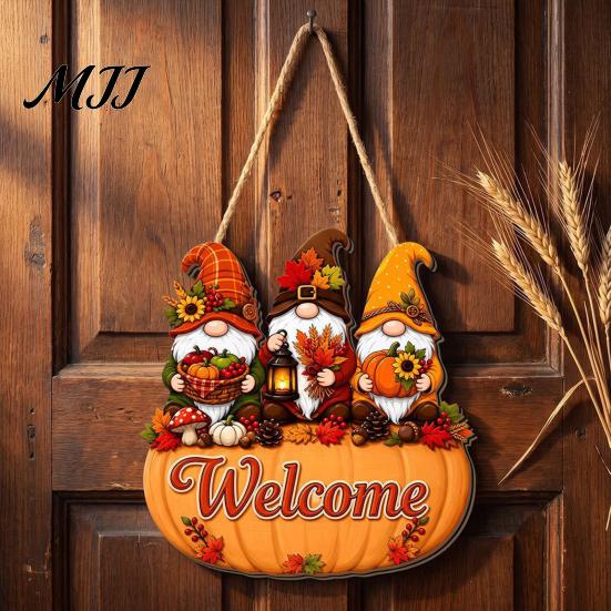 Thanksgiving Holiday Decoration Autumn Pumpkin Gnome Welcome Sign for Front Door, Rustic Wood Hanging Durable Solid Plaque Ornament with Hemp