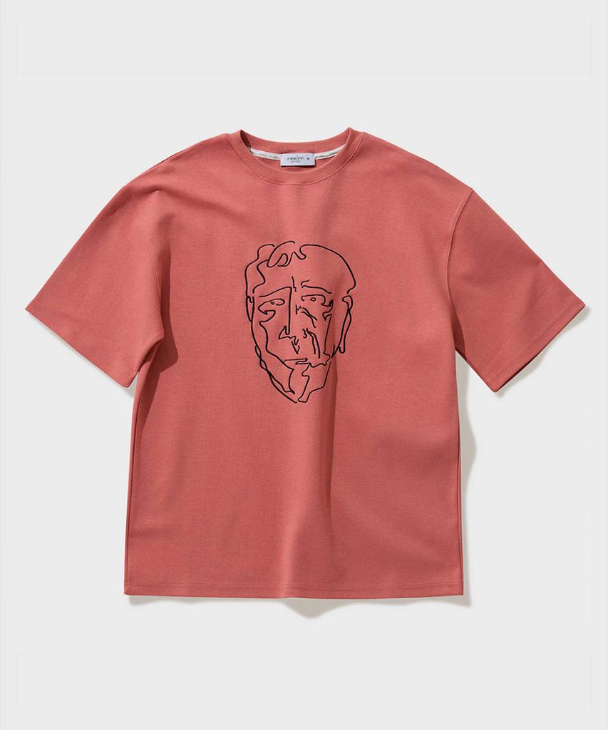 FFEFF STUDIO Face Drawing Embroidery Short Sleeve T-Shirt (Brick)