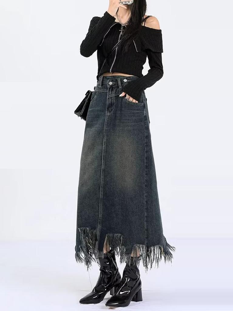 Retro Denim A-line Skirt for Women Fashion Tassel Edge High-waist Midi Skirt Korean Style Clothing Spring Autumn