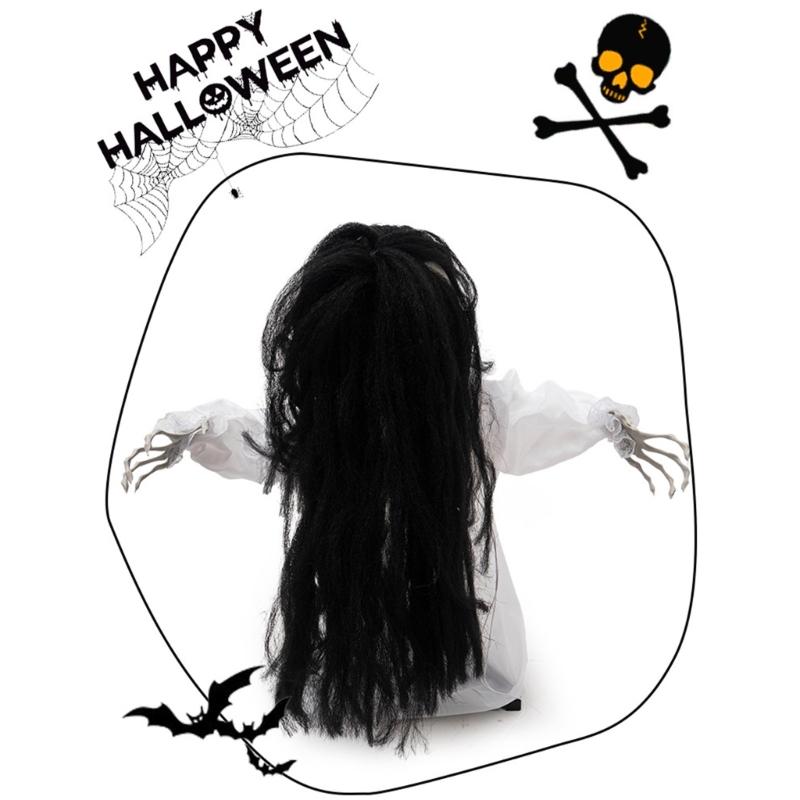 Sound Activated Halloween Hanging Figure with Red Light Up Face Detail, Animated Girl Party Decoration for Hallway, Corner, and Holiday Display