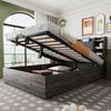 Wooden Bed, Size 140 X 200 Cm, Hydraulic Bed, Headboard with Storage, Equipped with USB Port and Type-C Socket, Grey (without Mattress)