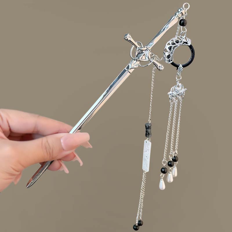 2025 New Chinese Style Sword Hairpin for Women Punk Silver Color Metal Heart Cross Tassel Hair Sticks Hair Accessories Headdress