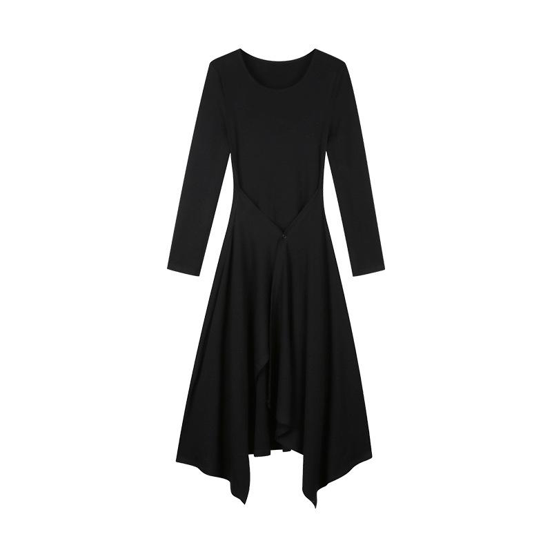 

New solid color can be worn three long dress autumn and winter new high-end simple dress Hepburn style slit irregular skirt S чёрный