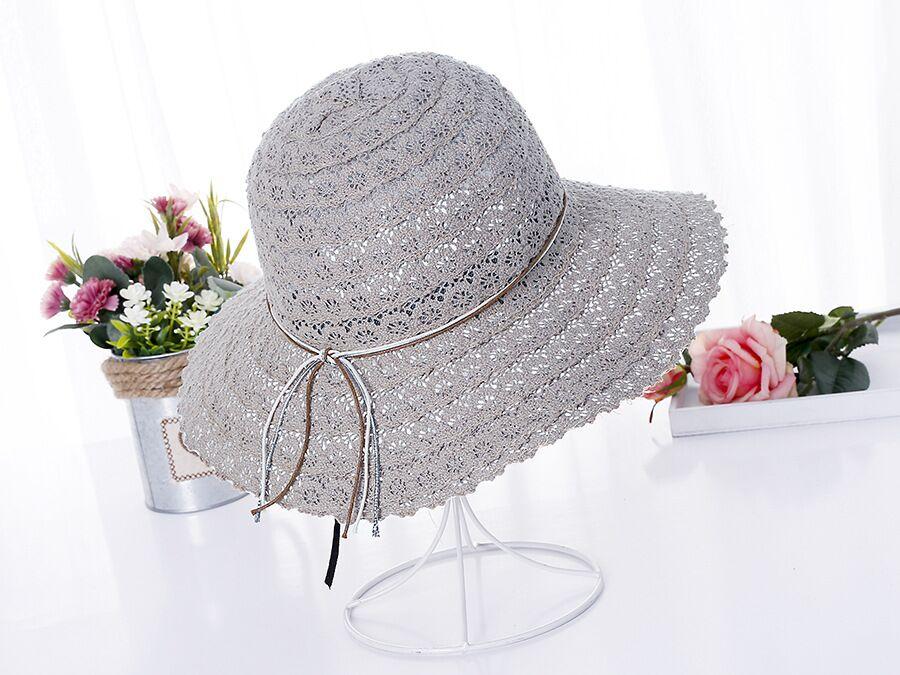 Summer Foldable Cotton Beach Bow Sun Hats For Women Fashion Floppy Elegant Beach Visor Hat Ladies Lace Hollow Straw Hat