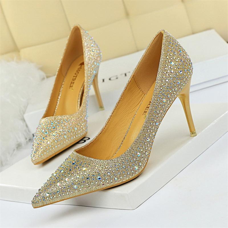 Fashion Shallow Mouth Pointed Color Rhinestone Pumps Fashion Wedding Party Women Sweet Pump Stiletto Thin High Heel Single Shoes
