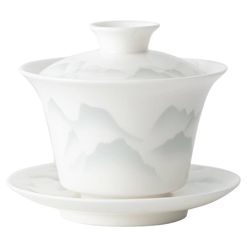 Dehua suet jade white porcelain cover bowl teacup kung fu tea set teapot single accessory Sancai bowl teapot tea can tea set