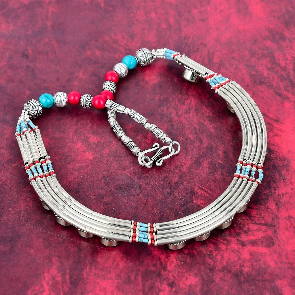 Turquoise, Coral Necklace, Gemstone 925 Solid Sterling Silver Jewelry Necklace, Handmade Jewelry Birthstone Nepali Necklace, Gift For Him