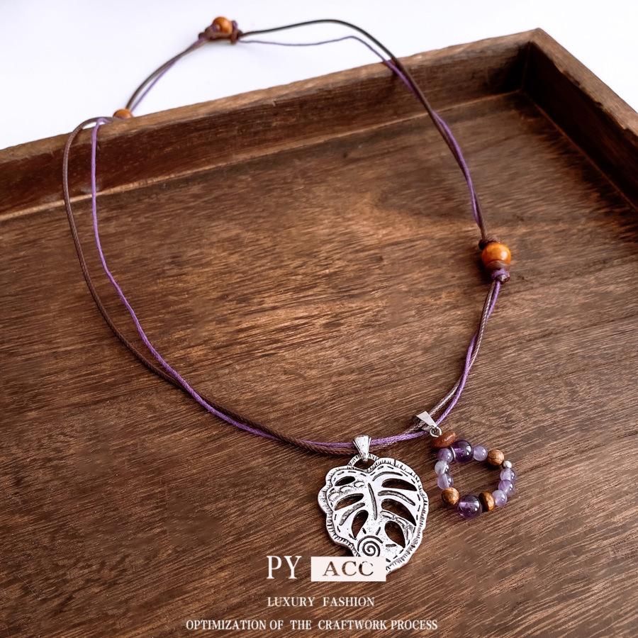 Leather Wood Beads Beaded Leaves Hollow Pendant Necklace Retro Ethnic Style Sweater Chain Simple Versatile Item Decoration