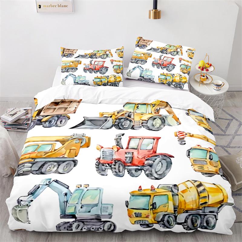 Kid Tractor Truck Duvet Cover Twin Cartoon Transportation Quilt Cover Polyester Construction Vehicle Bedding Set Car Theme Decor