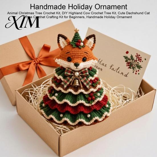 Actividad Manual para Aliviar el Estrés Árbol de Navidad Animal Kit de Ganchillo, Proyecto de Patrón Lindo Fácil Vaca de las Tierras Altas DIY Kit de Manualidades Perro Salchicha Gato para Principiantes,