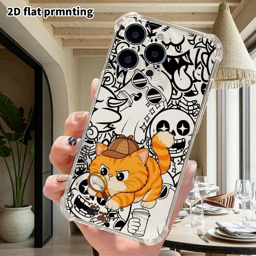 Phone Case: 2D Flat Design, Suitable for iPhone 18, 17, 16, 15, 14, 13 Pro Protective Case, Detective Orange Cat, Perfect Christmas and Halloween Holi