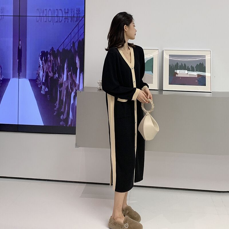 

Осень новый высококлассный темперамент трикотажное черное платье на подкладке женское зимнее XL чёрный