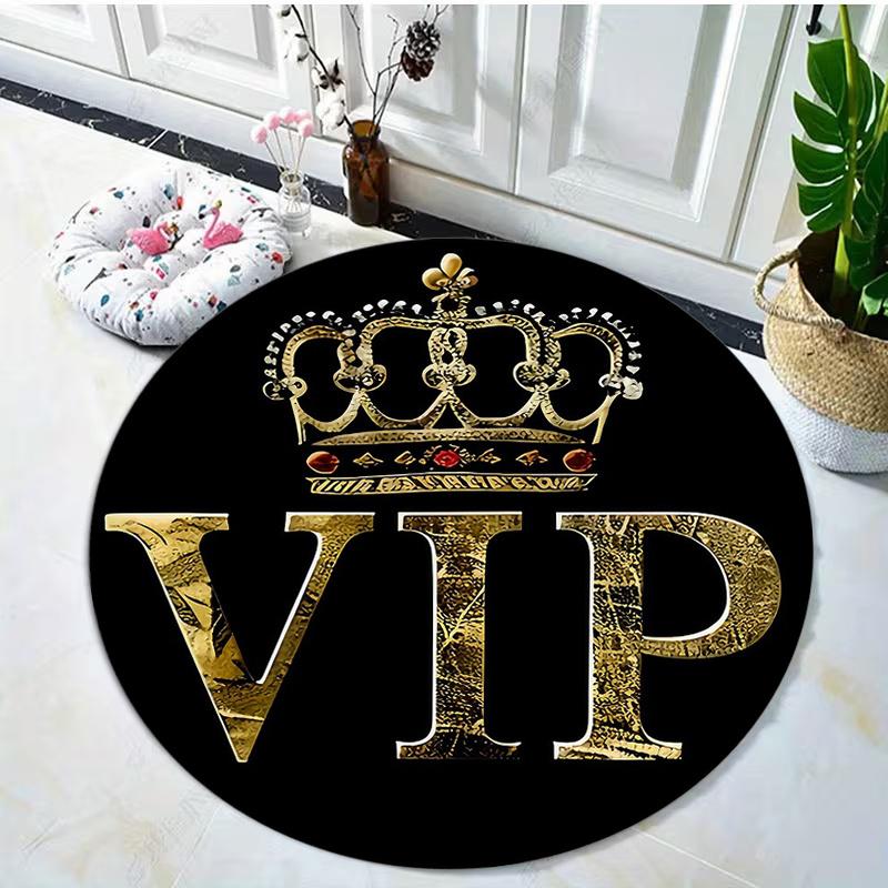 VIP Crown Round Rug Flannel Luxury Entrance Office Hotel Decor Gold Black Elegant Design Premium Quality Floor Mat Royal Style