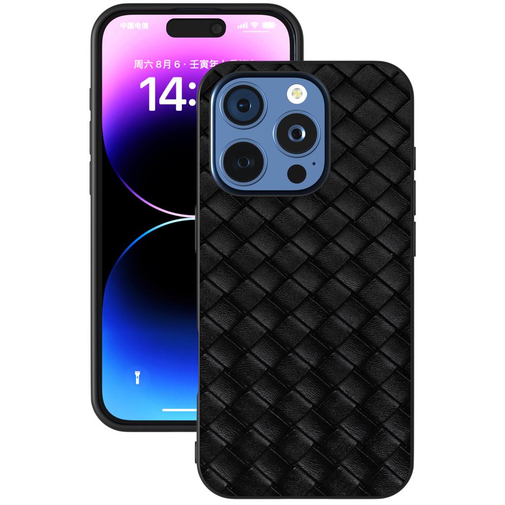 For iPhone 16 Pro Max Case Woven Texture PU Leather Coated PC+TPU Mobile Phone Cover
