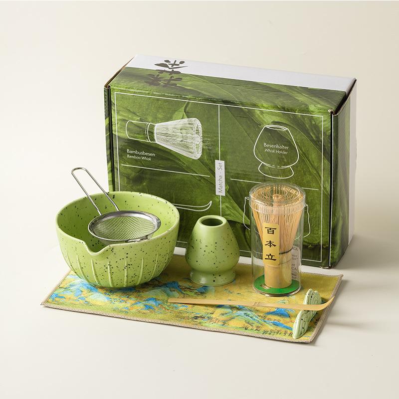Zestaw Japońskiej Matchy 4/7 Szt. z Wypukłą Ceramiczną Miseczką, Bambusową Ubijaczką Matcha i Łyżeczką do Herbaty do Samodzielnego Robienia Herbaty, Akcesoria