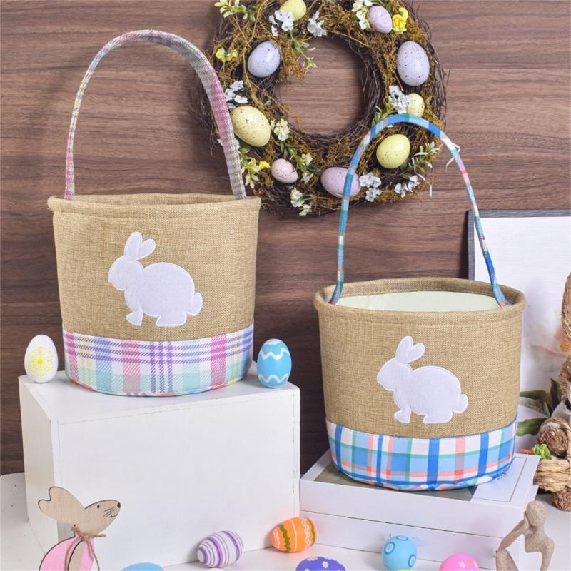 Reusable Striped Easters Decoration Basket Featuring Rabbit Patterns For Treat Storage And Tabletop Displays