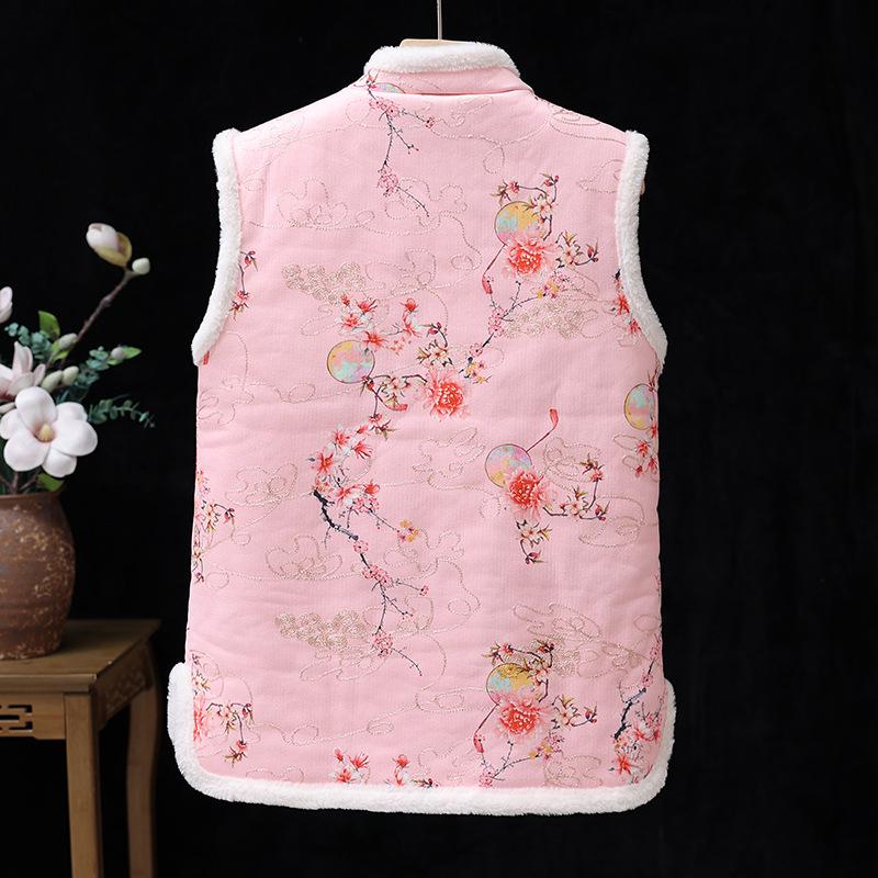 Midlife Women's Fashionable Floral Winter Vest - Cozy, Thick, Velvet-Lined Cardigan for Women Aged 60+