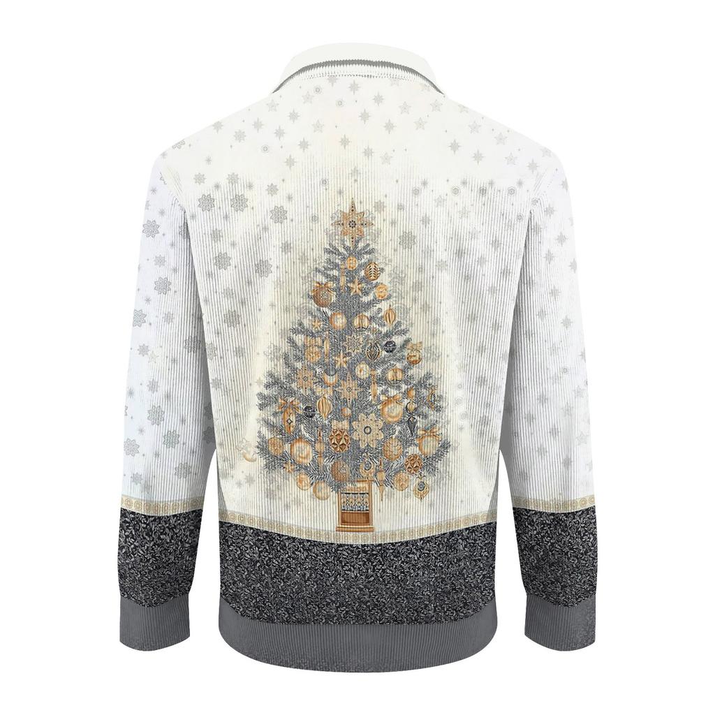 Men's Christmas Cotton Pullover Long Sleeve Outdoor Shirt Vintage Corduroy Button Stand Collar Shirt Casual Sweatshirt Christmas Print Top