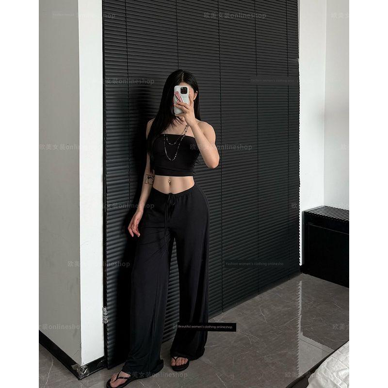 

Soft Glutinous Yoga Trousers Loose Breathable Sports Wide-Leg Pants Elastic Waist Straight Drape Fitness Pants Cool Feeling Lazy Black L