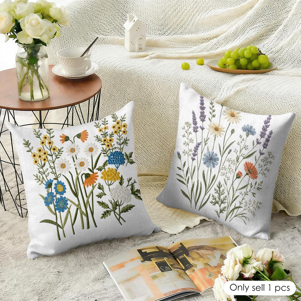 Federa Cuscino Fiori Ricamati Colorati Lino Naturale Tessuto Biologico Stampa Double-Face Traspirante Perfetta Per Arredo Casa