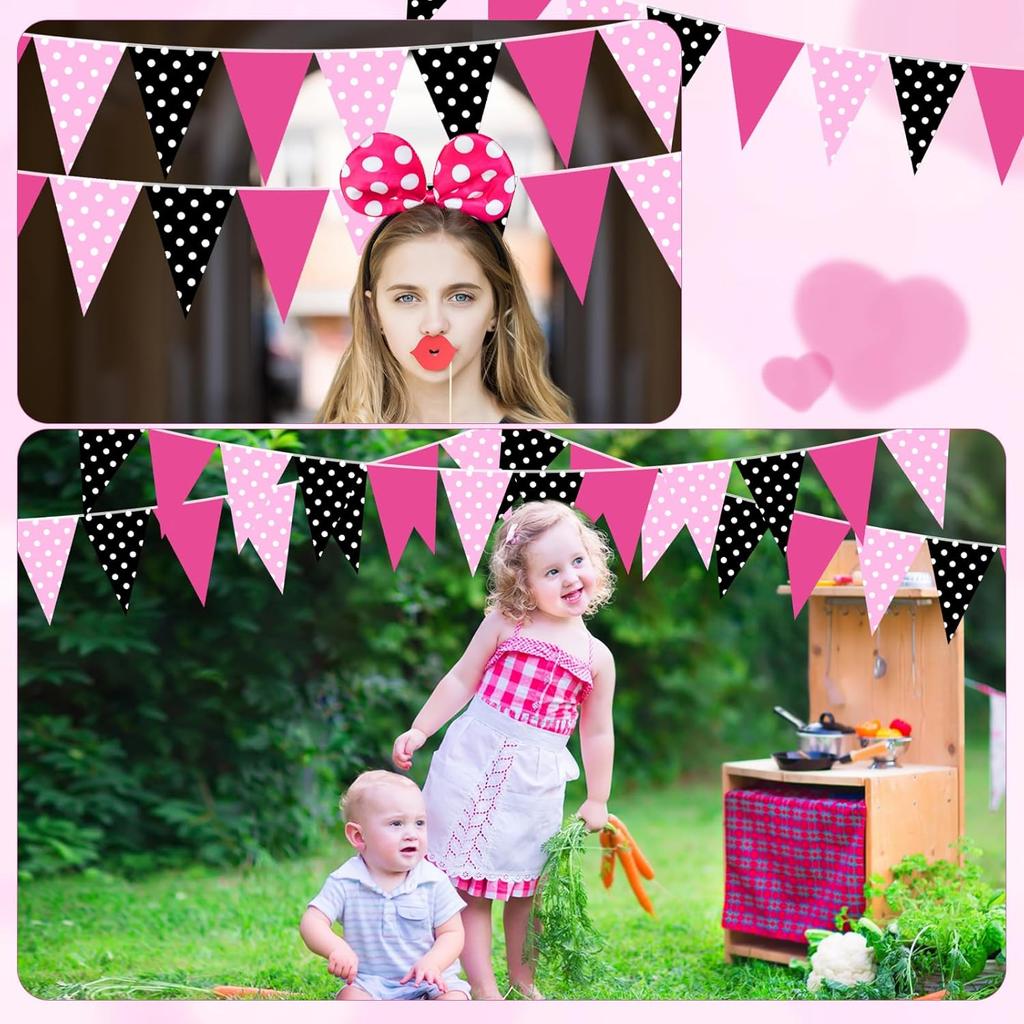 Faccito 60 Pcs Mouse Color Banner Decorations 49 ft Rose Hot Pink and Black Pennant Flag Banner Mouse Theme Paper Triangle Bunting Decor for Outdoor