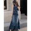 French Retro Denim Two-piece Set Women's Summer New Design Sense Thin Vest Top High Waist Skirt