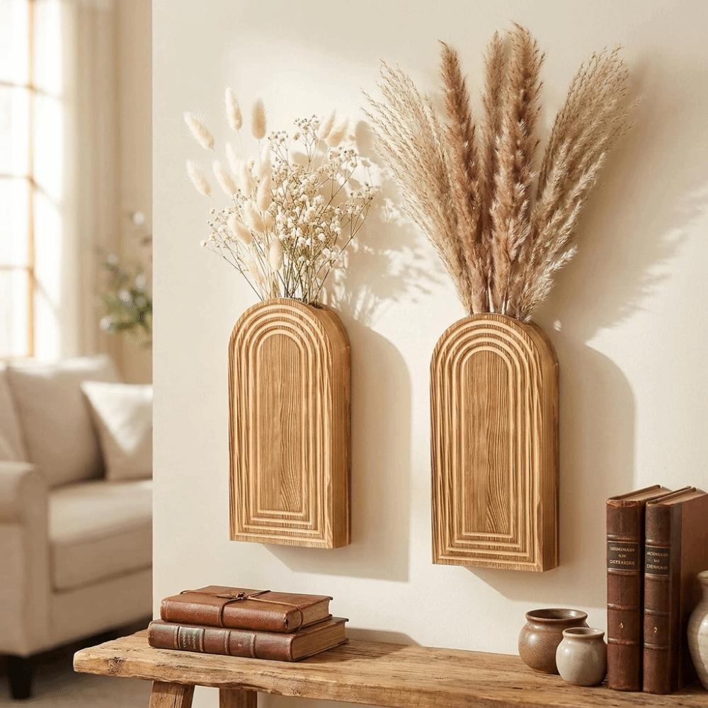 2PCS Boho Style Wooden Wall Planter Decorative Wall Flower Pot Hanging Flower Vase Home Decor