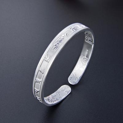 Bracelet en argent S999 avec mantra à six caractères pour femme, style ethnique, rétro, lotus, bracelet en argent ouvert
