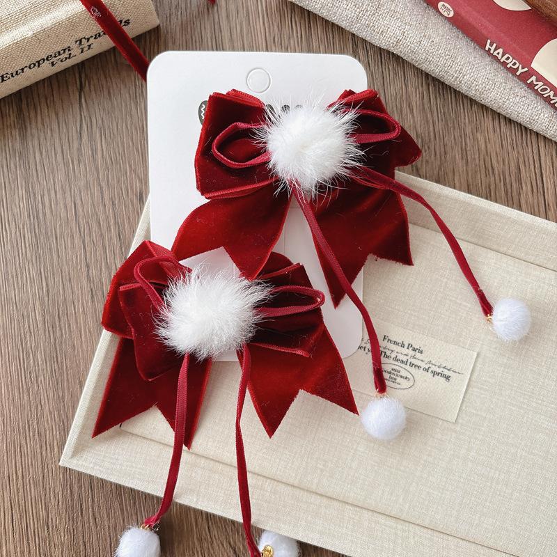 Lace Bowknot Hair Clips For Girls Sweet Versatile Stylish Year Ponytail Hairpin Red Velvet Korean Kids Princess Headwear