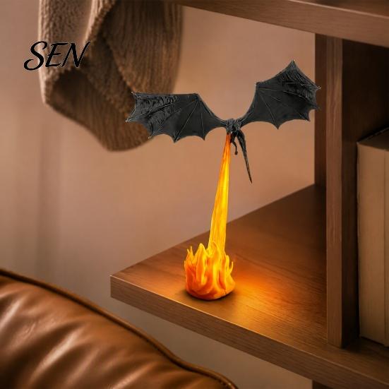 Dragon Sculpture Bookshelf Nook Light, 3D Printed Fire-Breathing Fantasy Flying Dragon, Shelf Accent Lamp Art Collectibles with LED Flame Gothic