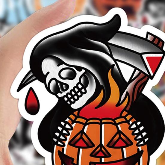 50Pcs Halloween Cartoon Stickers Various Pumpkin Witch Skull Ghost Funny Decals Waterproof PVC Adhesive Halloween DIY Decoration Stickers for