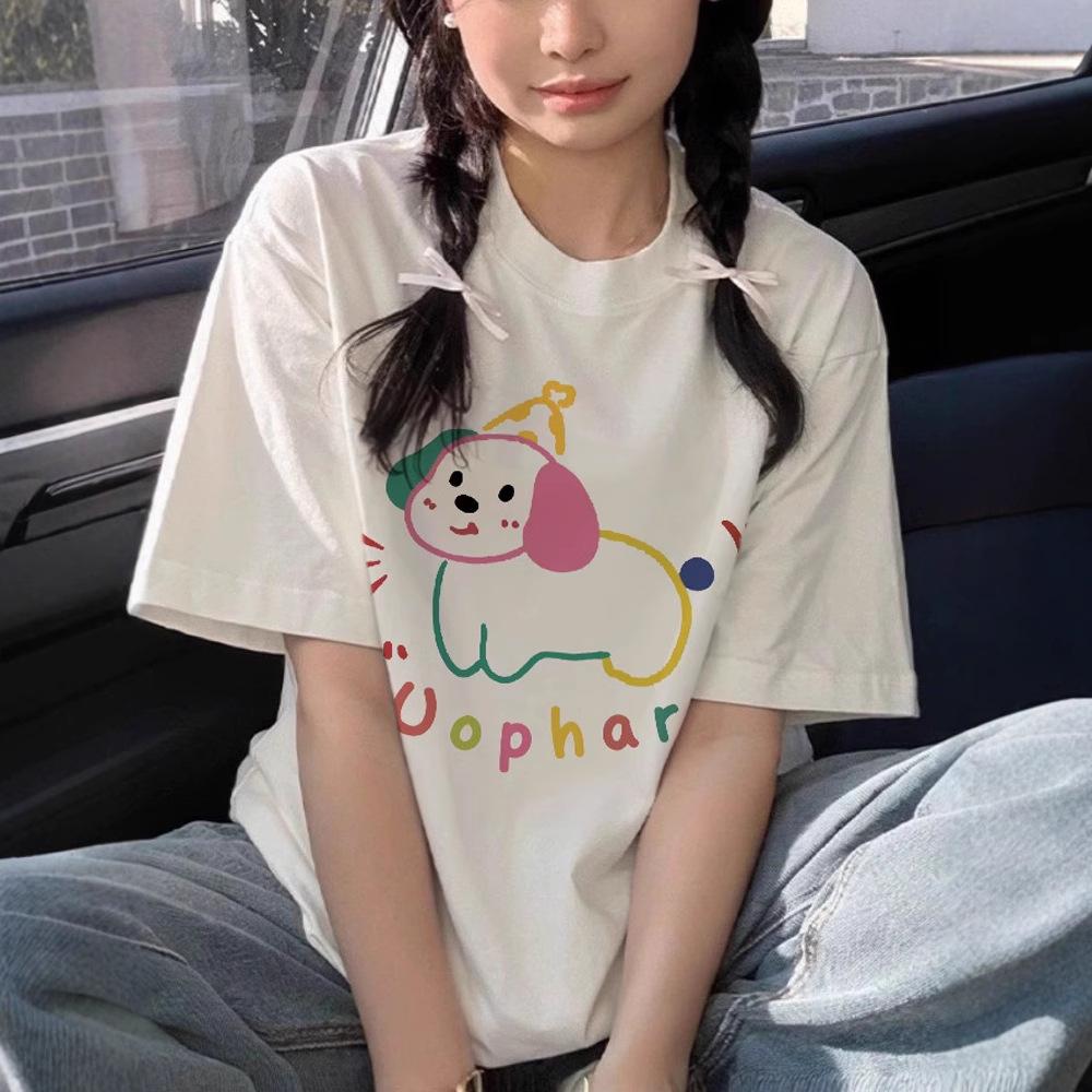 Summer New American Front Shoulder Niche Cartoon Puppy Design Sense Short Sleeve T-Shirt Women's Casual Age Reduction Versatile Top