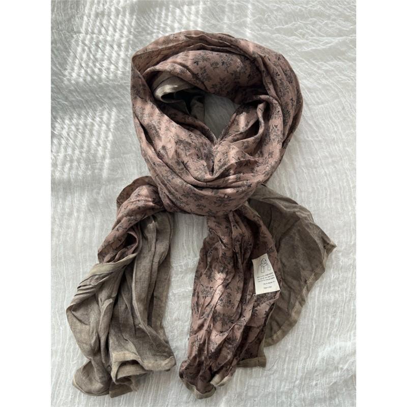 Johnature Sciarpa con bordo floreale Donna Retro Giapponese Versatile Scialle pieghettato Sciarpa decorativa quattro stagioni Donna
