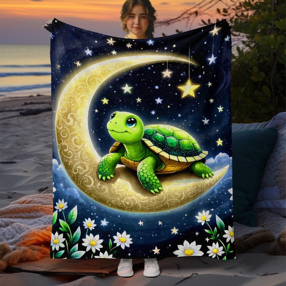 Cute Turtle on Crescent Moon Starry Night Fleece Blanket Dreamy Celestial Design Soft Flannel Throw Baby Nursery Decor Gift for
