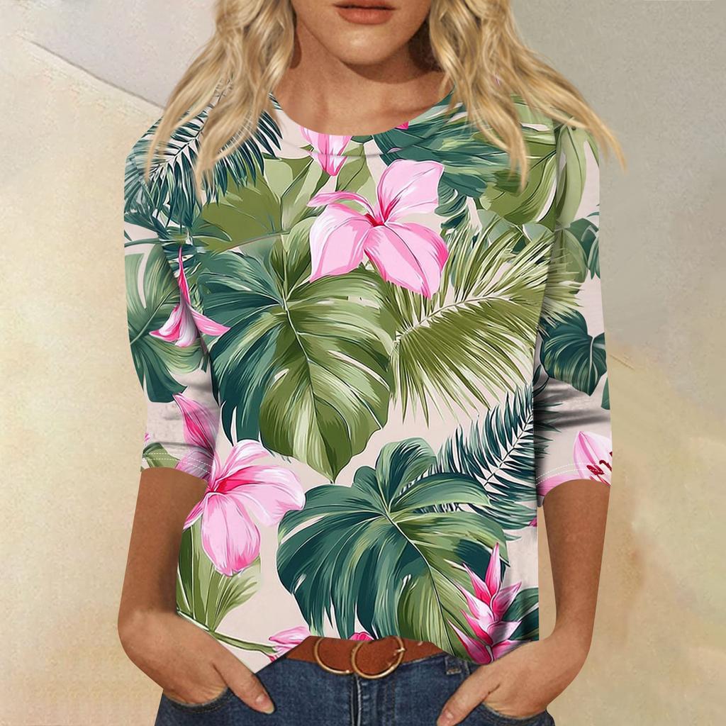 Top T-shirt casual alla moda da donna con scollo rotondo, manica a tre quarti e stampa